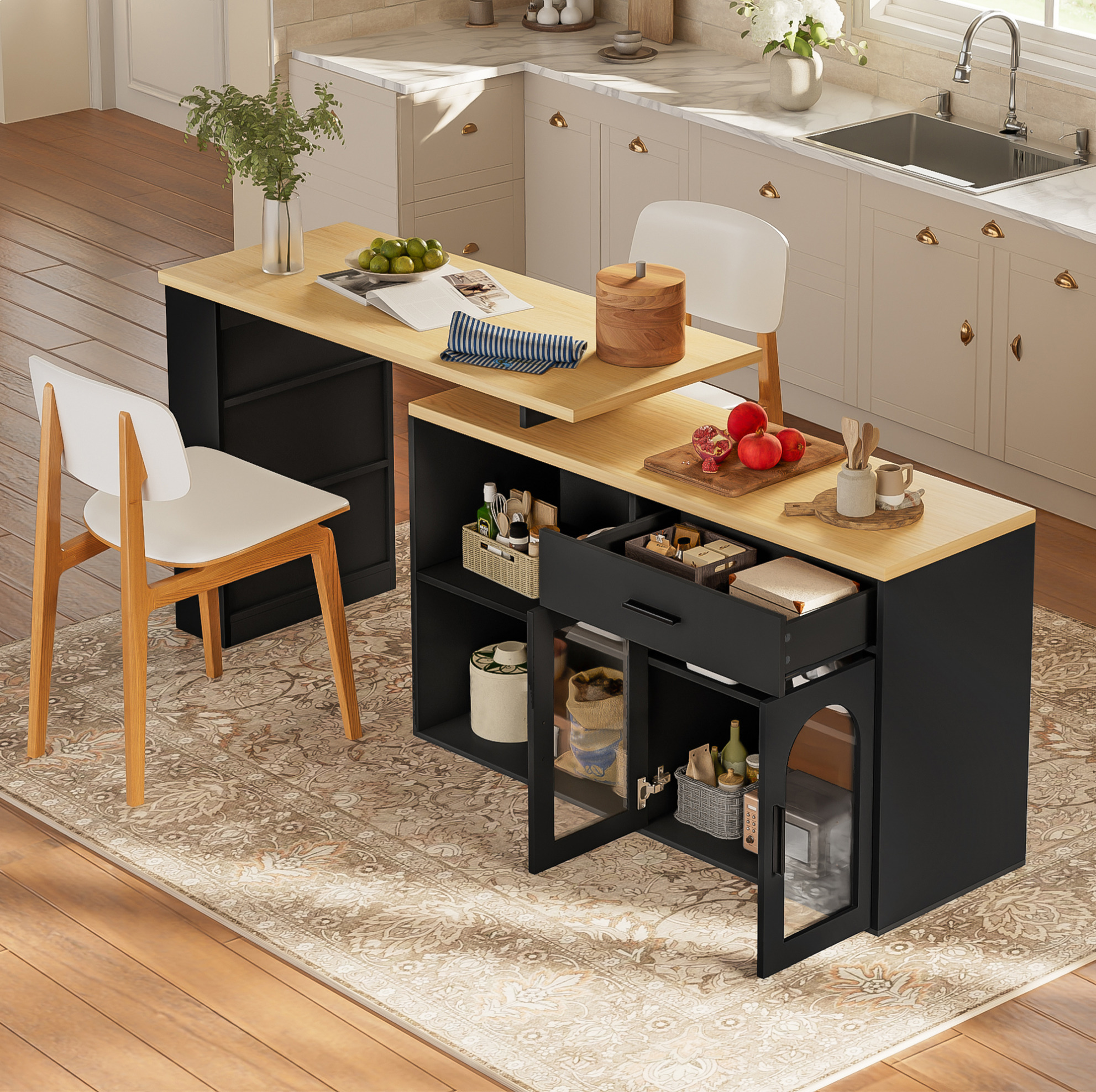 Redom Kücheninsel, 136x50x78 Cm, 360° Drehbare Tischplatte, Schublade Und Regale, Mdf, Schwarz Und Natur