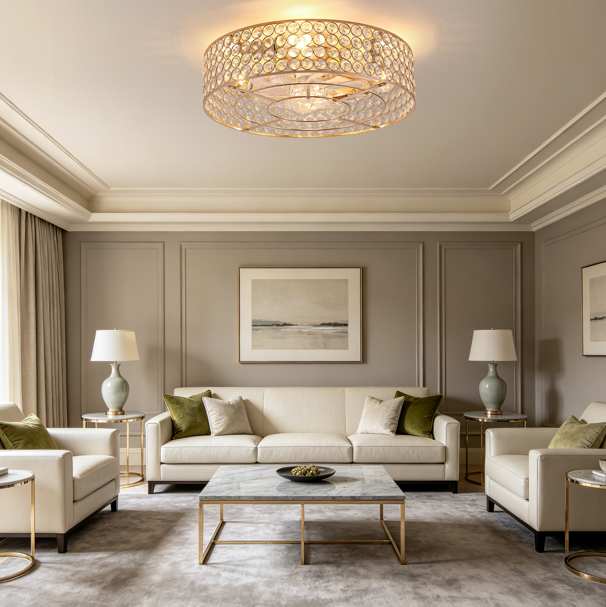 Deckenventilator Mit Licht, Goldfarben, Kristall Design, App Und Fernbedienung, 6 Stufen, Vor Und Rückwärts, Glas Und Metall