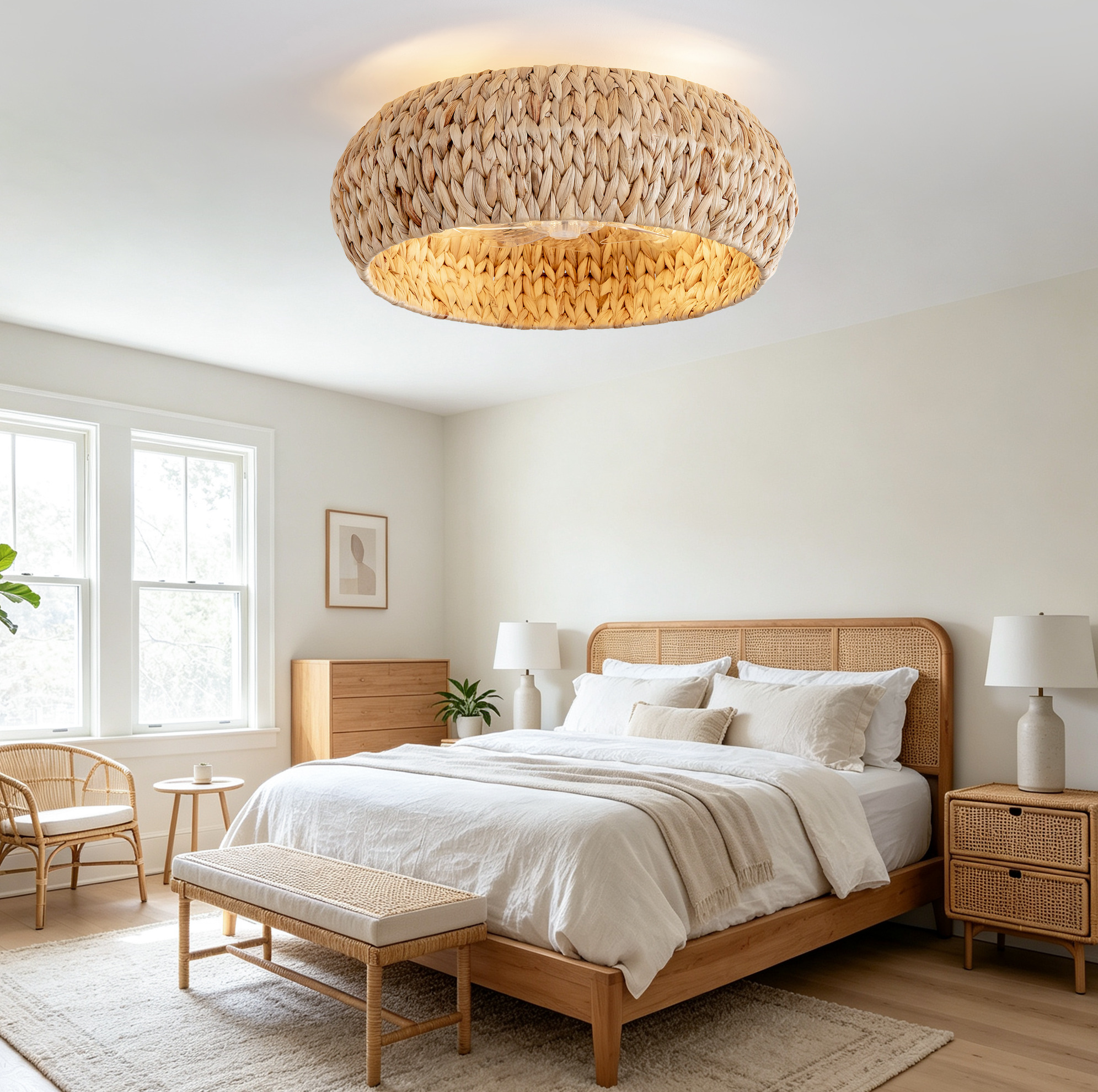 Deckenventilatorleuchte, Rattan Stil, Doppelte Steuerung Per App Und Fernbedienung, 6 Windstufen, Kunststoff Und Rattan, Kupfer