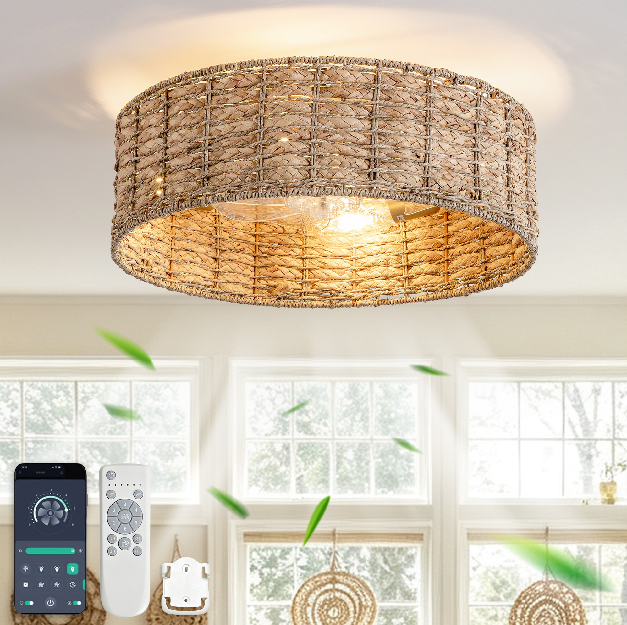 Redom Deckenventilator Mit Licht (53x53x22 Cm), App Und Fernbedienung, 6 Geschwindigkeiten, Rattan Und Kunststoff, Kupfer