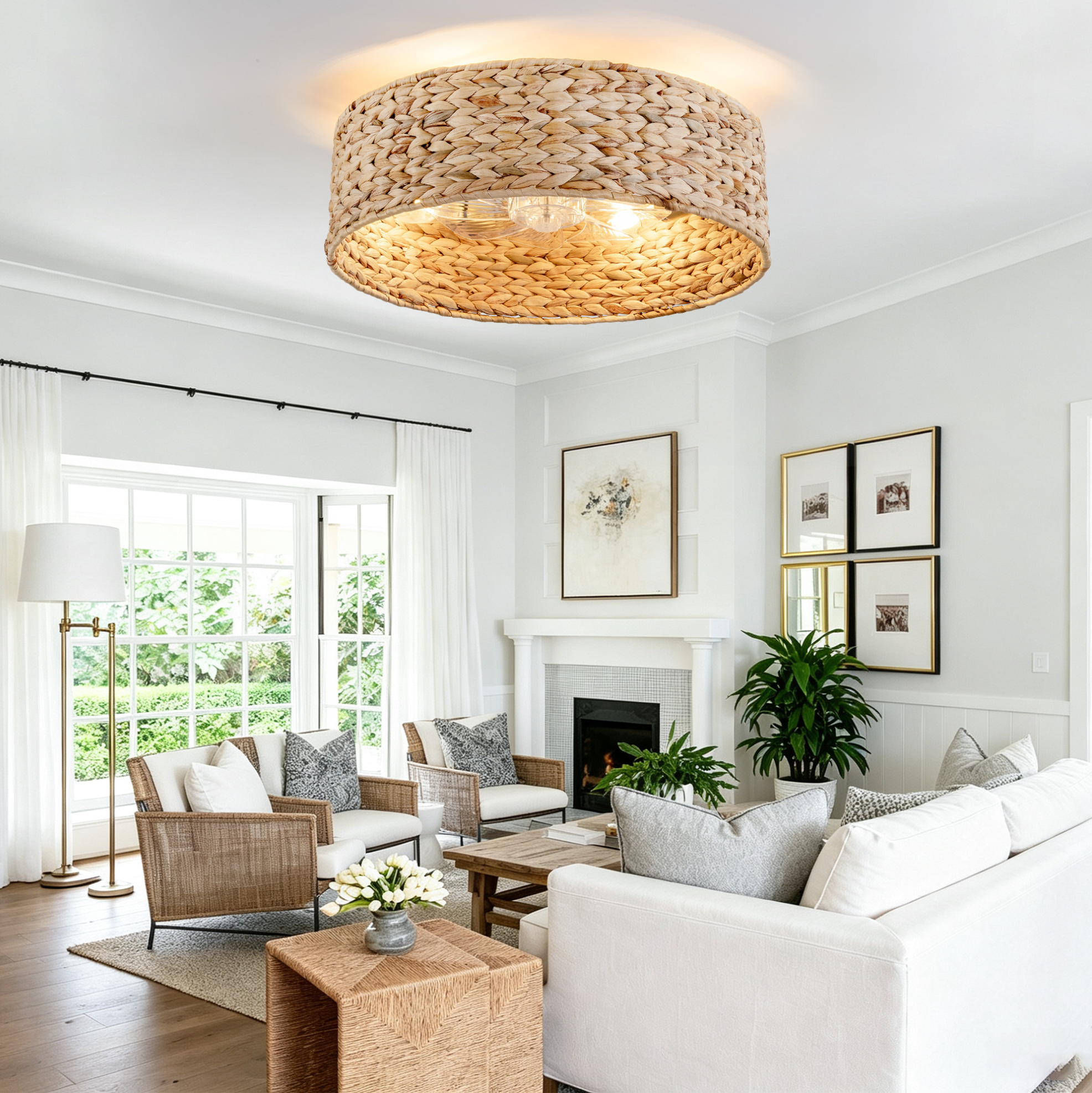 Redom Deckenventilator Mit Licht, Handgeflochtener Rattanschirm, App Und Fernbedienung, 6 Stufen, Kunststoff Und Rattan, Kupferfarben