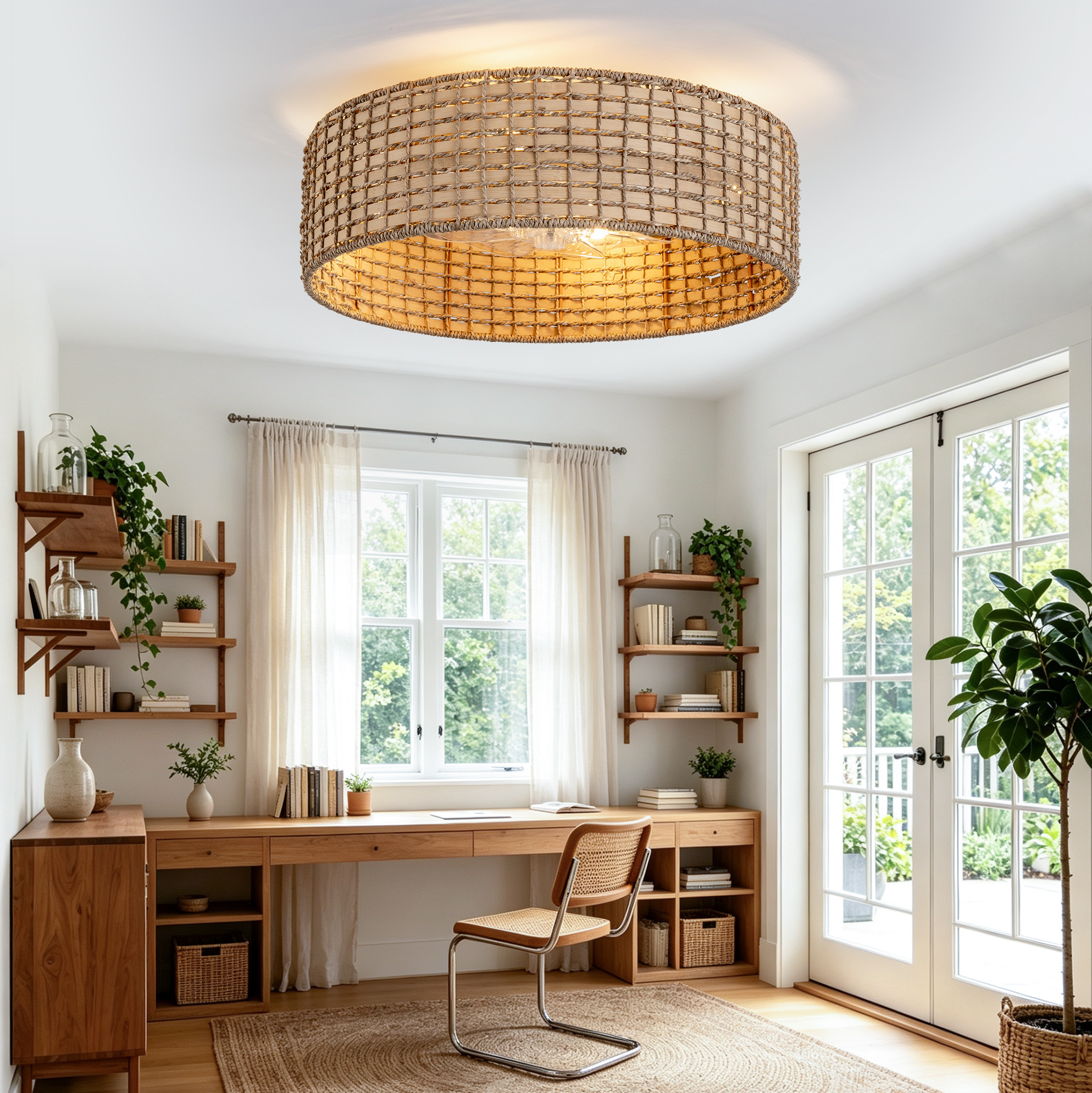 Redom Deckenventilator Mit Licht 53x53x22 Cm, App Und Fernbedienung, 6 Stufen, Kunststoff Und Rattan, Kupfer
