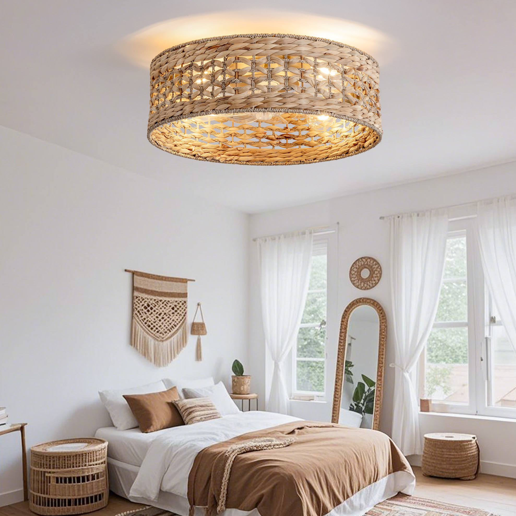 Deckenventilator Mit Leuchte, Durchbrochenes Rattan Design, 6 Geschwindigkeiten, App Und Fernbedienung, Kunststoff Und Rattan, Kupfer