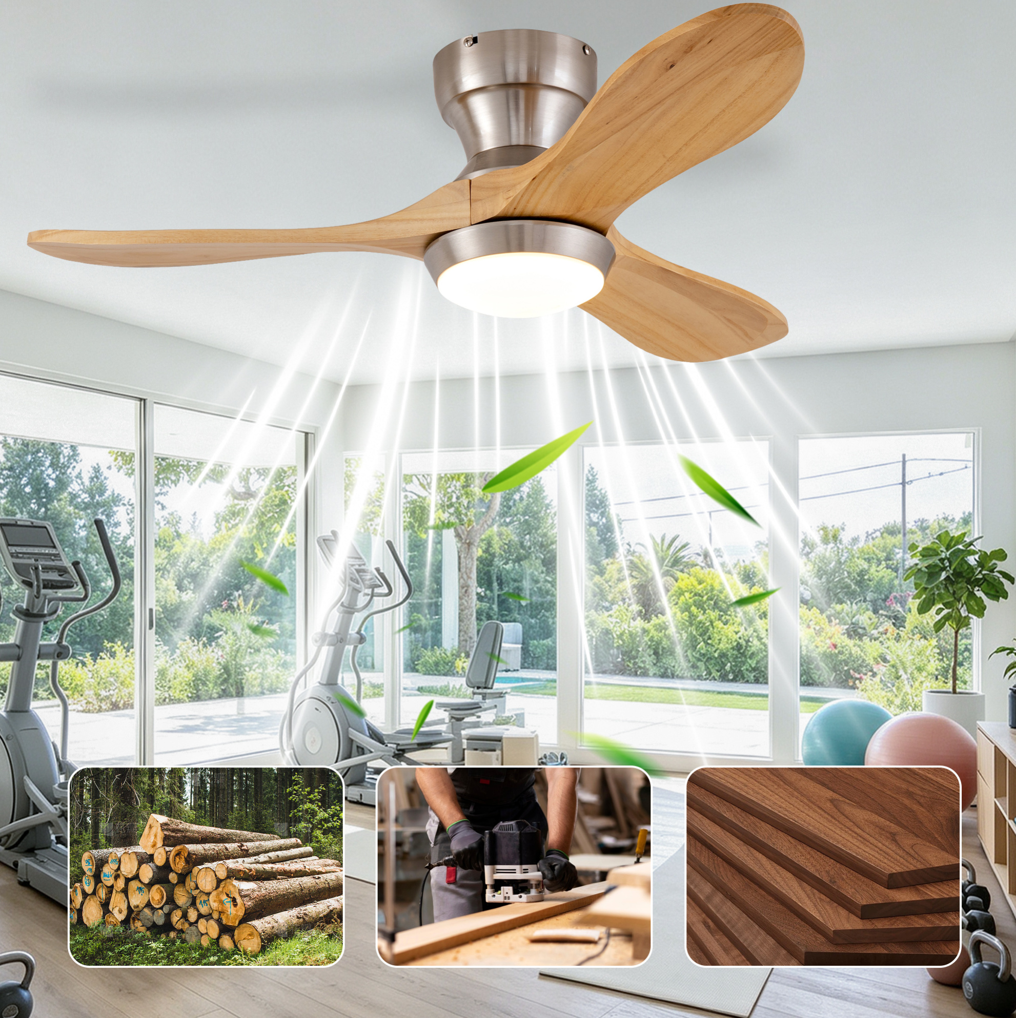 Redom Deckenventilator, Flache Bauweise, Reversibler Dc Motor Mit 6 Stufen, Massivholz, Natur