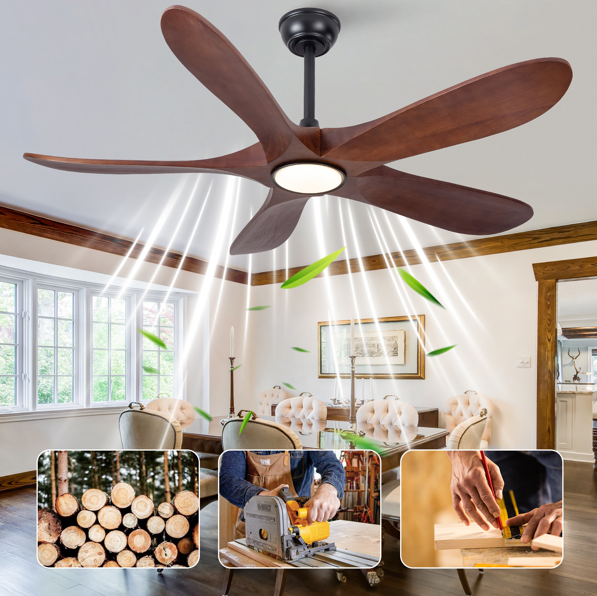 Redom Deckenventilator Mit Beleuchtung, 94.0x27.0x19.5 Cm, 6 Stufen, Vor Und Rücklauf, Massivholz, Walnuss Schwarz
