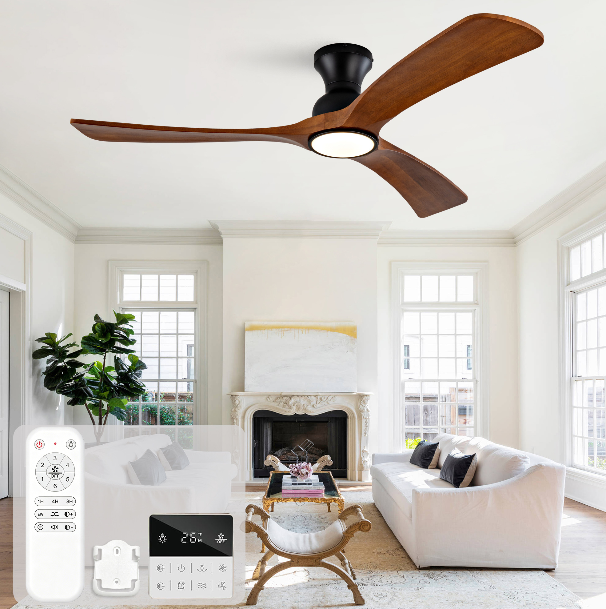 Deckenventilator, 3 Flügel, Doppelte Steuerung, 6 Stufen, Dimmbares Led Licht, Metall Und Holz, Schwarz, Dunkelwalnuss