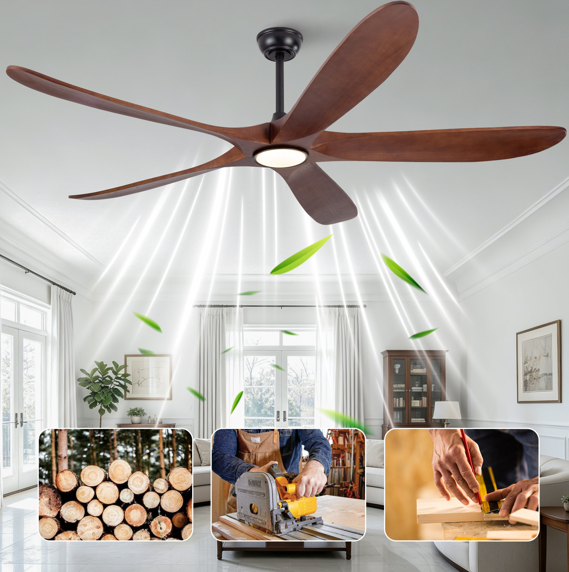 Redom Deckenventilator Mit Leuchte, 6 Stufen, 3cct Dimmbar, Vorwärts Und Rückwärtslauf, Massivholz, Walnuss Und Schwarz
