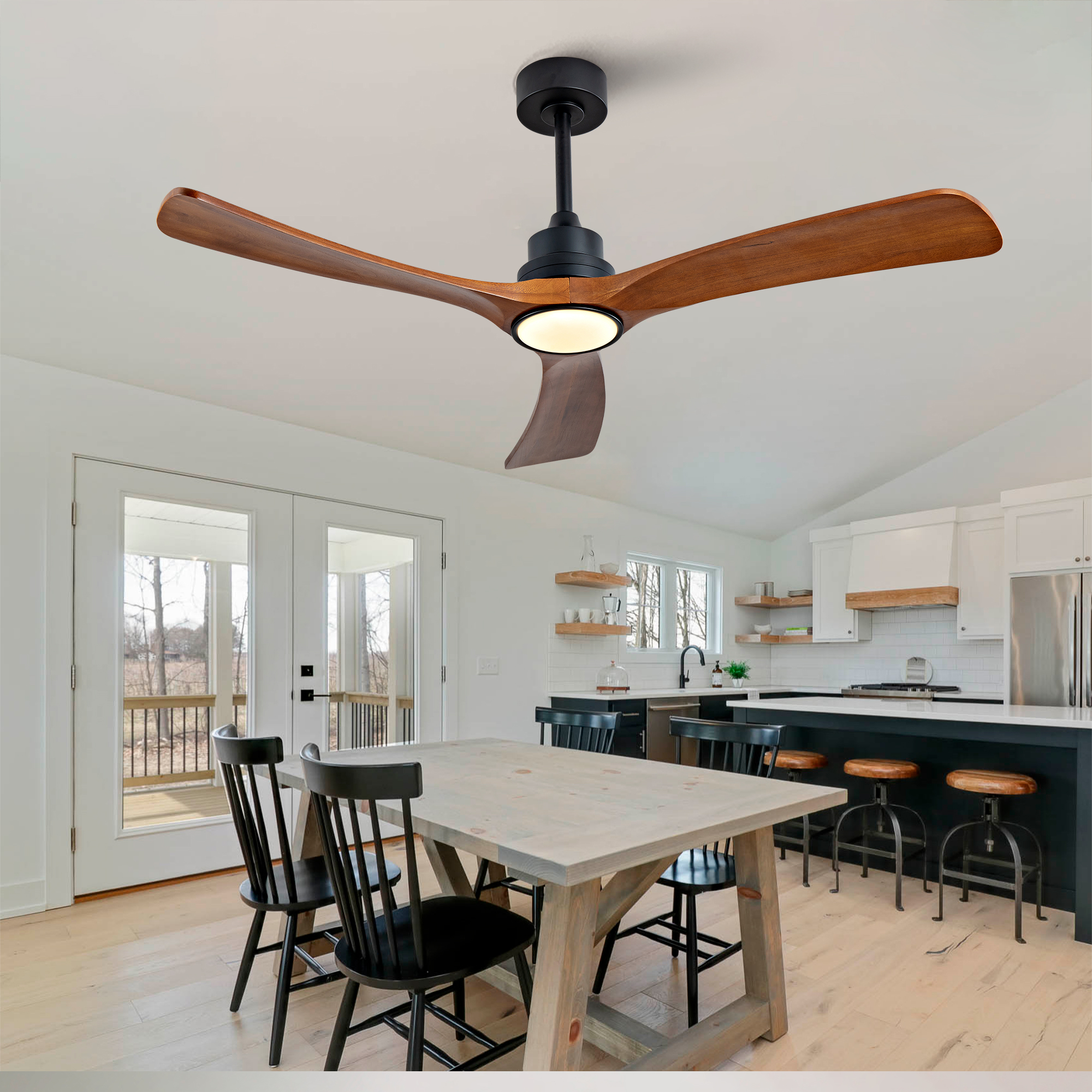 Deckenventilator Mit Licht, 6 Geschwindigkeiten, Reversibler Dc Motor, Fernbedienung Und Lcd Wandschalter, Metall Holz, Schwarz Dunkelwalnuss