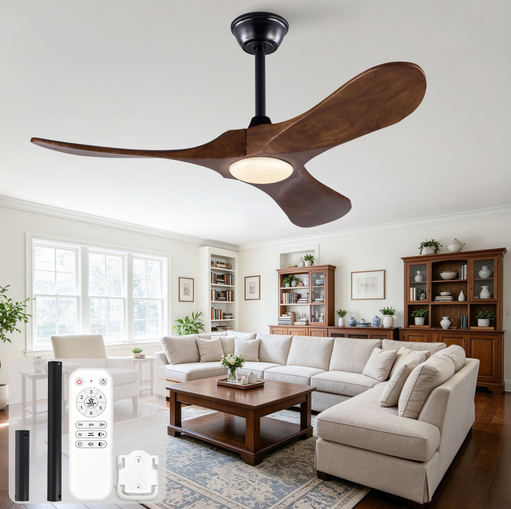 Deckenventilator Mit Leuchte, 42 Zoll, 6 Stufen, 3 Lichtfarben, Massivholz, Walnussfarben Und Schwarz
