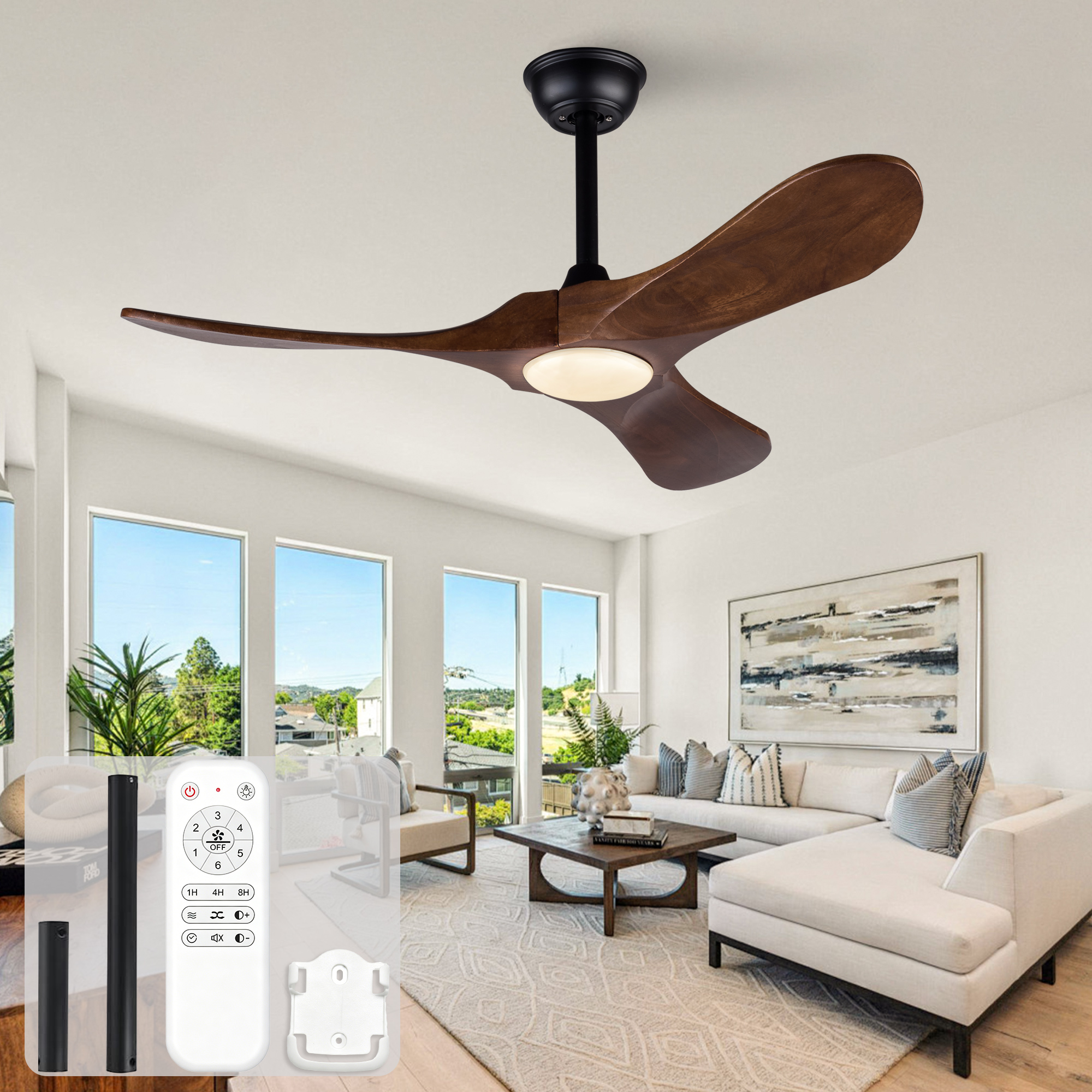 Redom Deckenventilator 93x19x20 Cm, Led Beleuchtung, Fernbedienung, Gleichstrommotor, Metall Und Holz, Schwarz Dunkelwalnuss