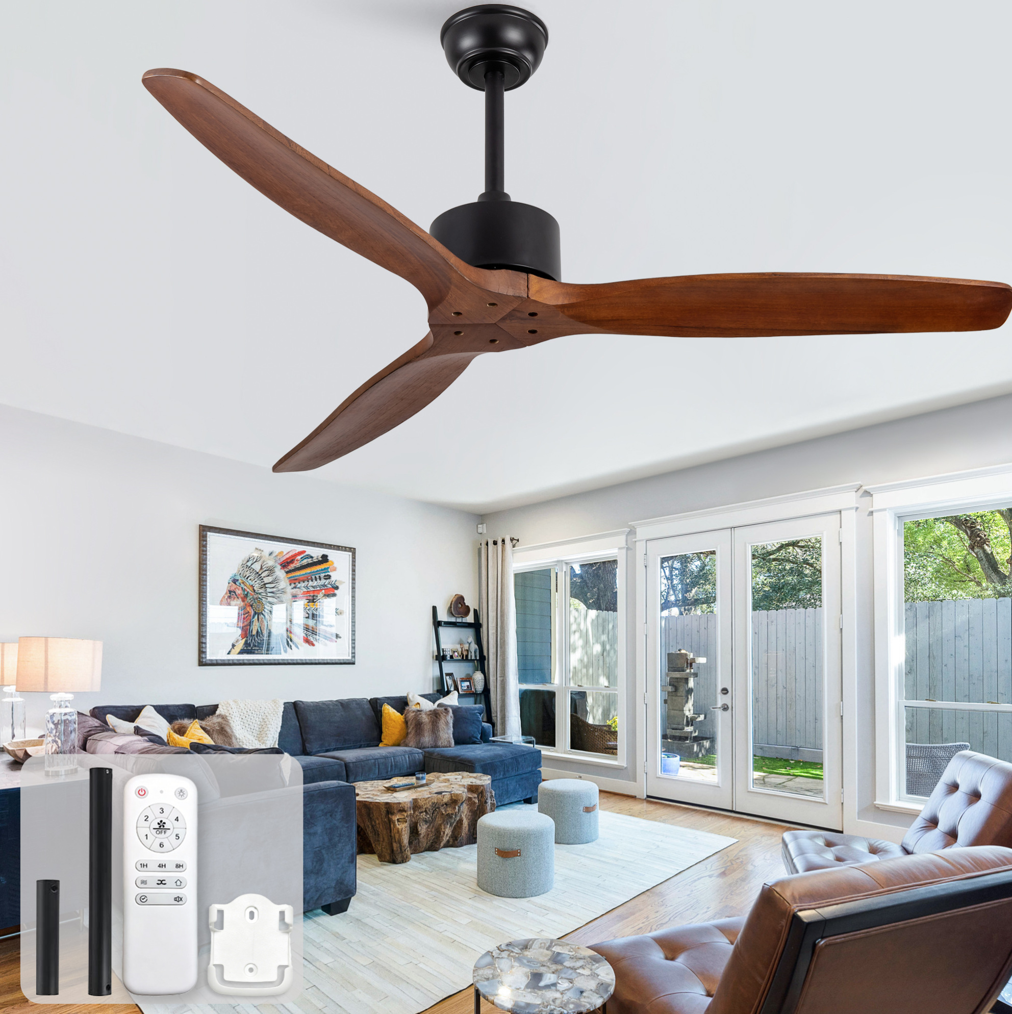 Redom Deckenventilator 88.5x21.5x21.5 Cm, Ohne Beleuchtung, Mit Fernbedienung, 6 Stufen, Massivholz, Walnuss Und Schwarz