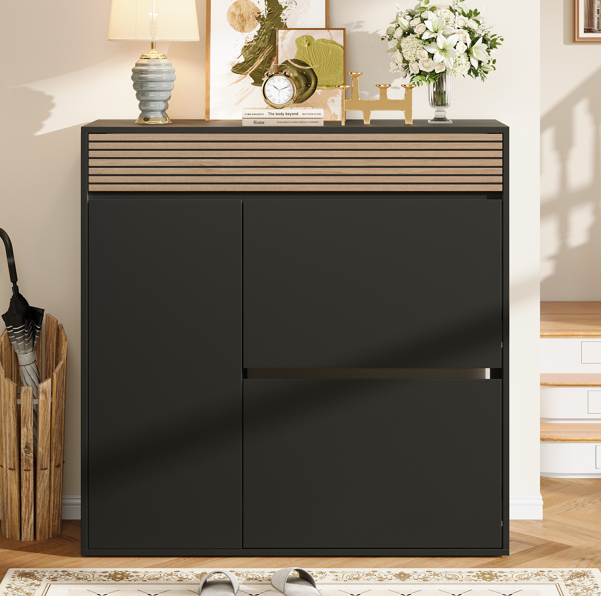 Redom Schuhschrank (100x35x105 Cm), Mit 2 Klappen, 1 Tür Und Schublade, Platzsparend, Mdf Und Spanplatte, Schwarz Natur