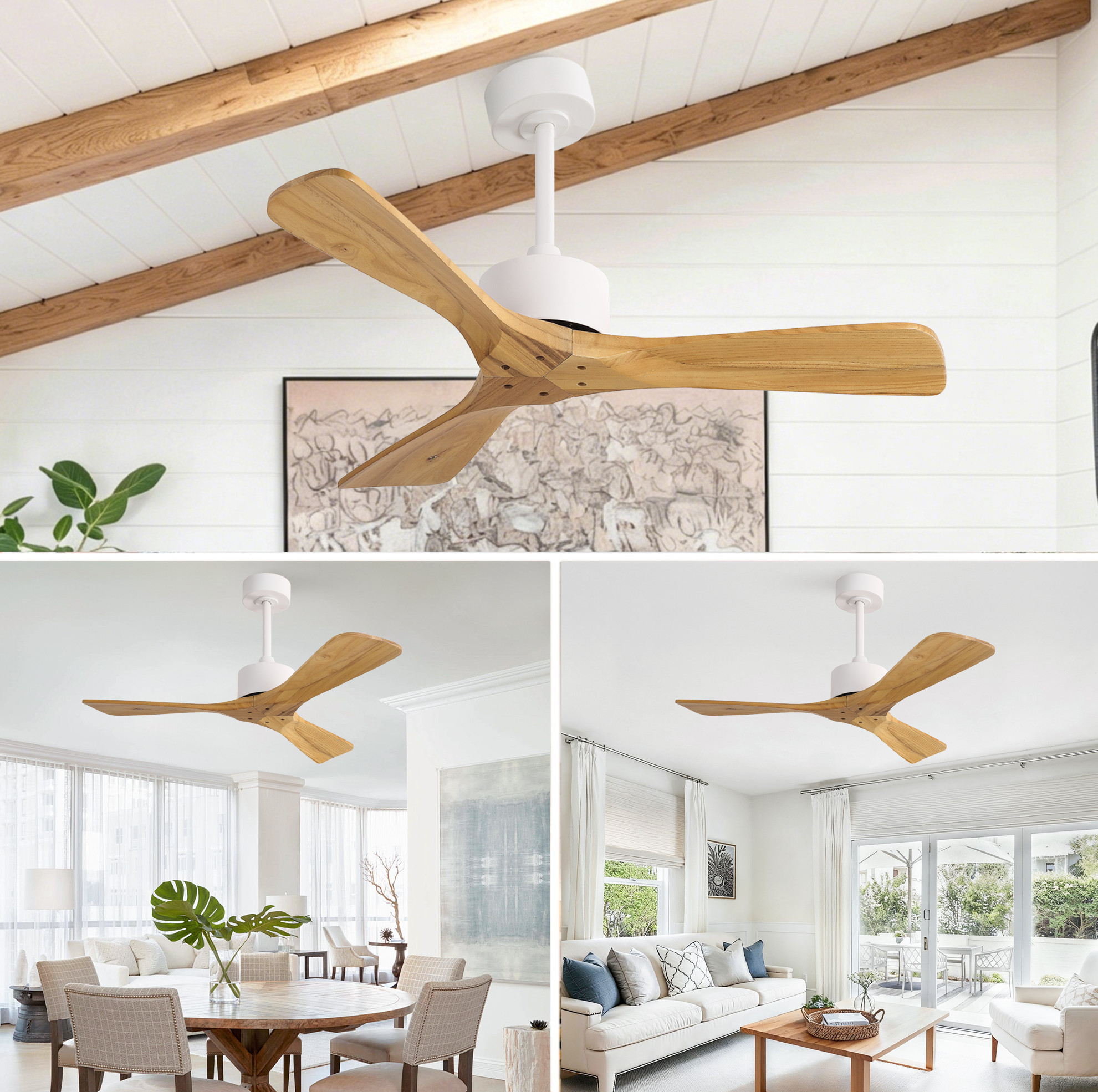 Redom Deckenventilator, 84.0x21.5x21.5 Cm, 6 Stufen, Reversibler Dc Motor, Fernbedienung, Massivholz, Naturweiß