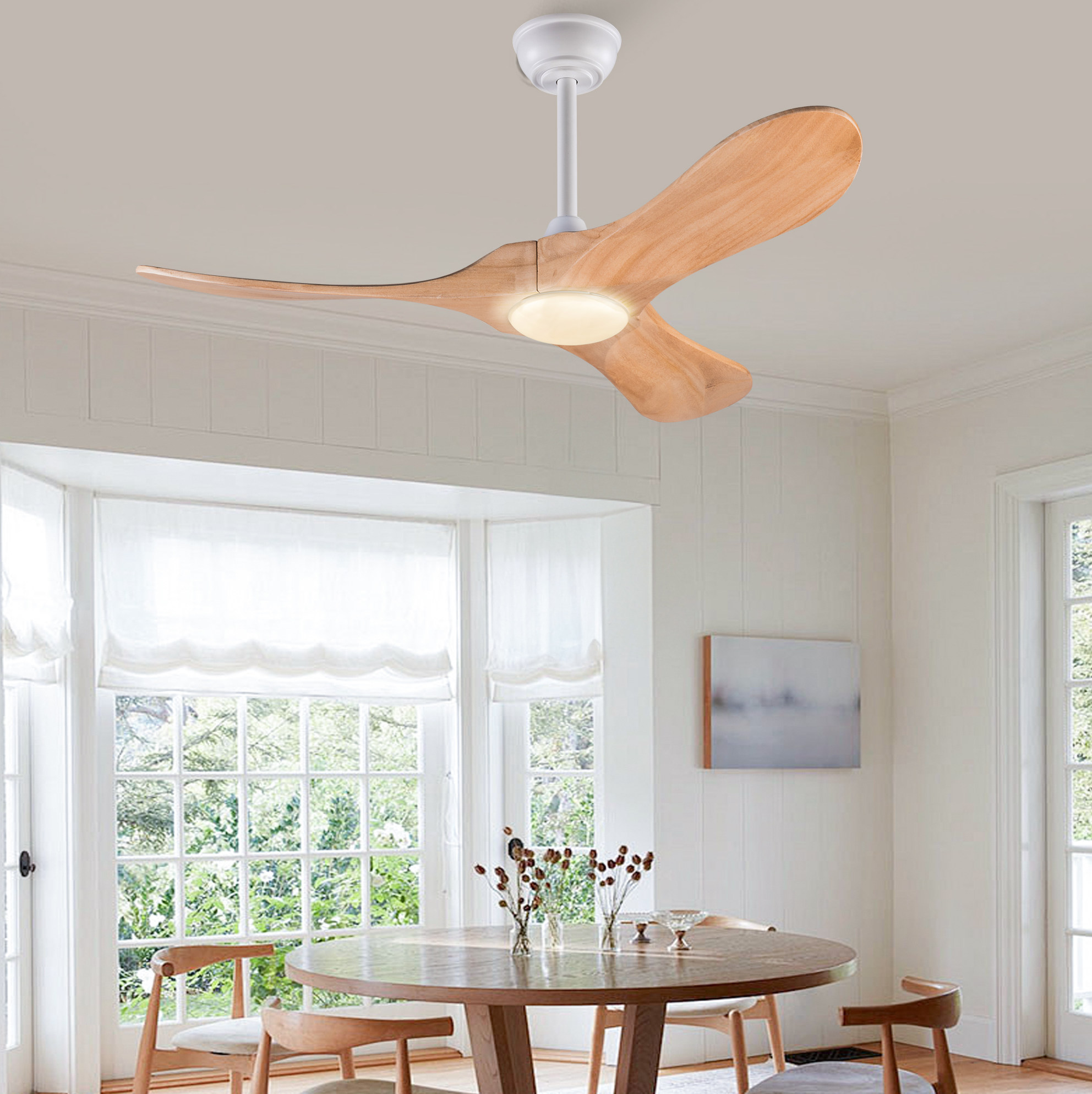 Redom Deckenventilator Mit Beleuchtung, Fernbedienung, 6 Stufen, Reversibler Dc Motor, Massivholz, Naturweiß