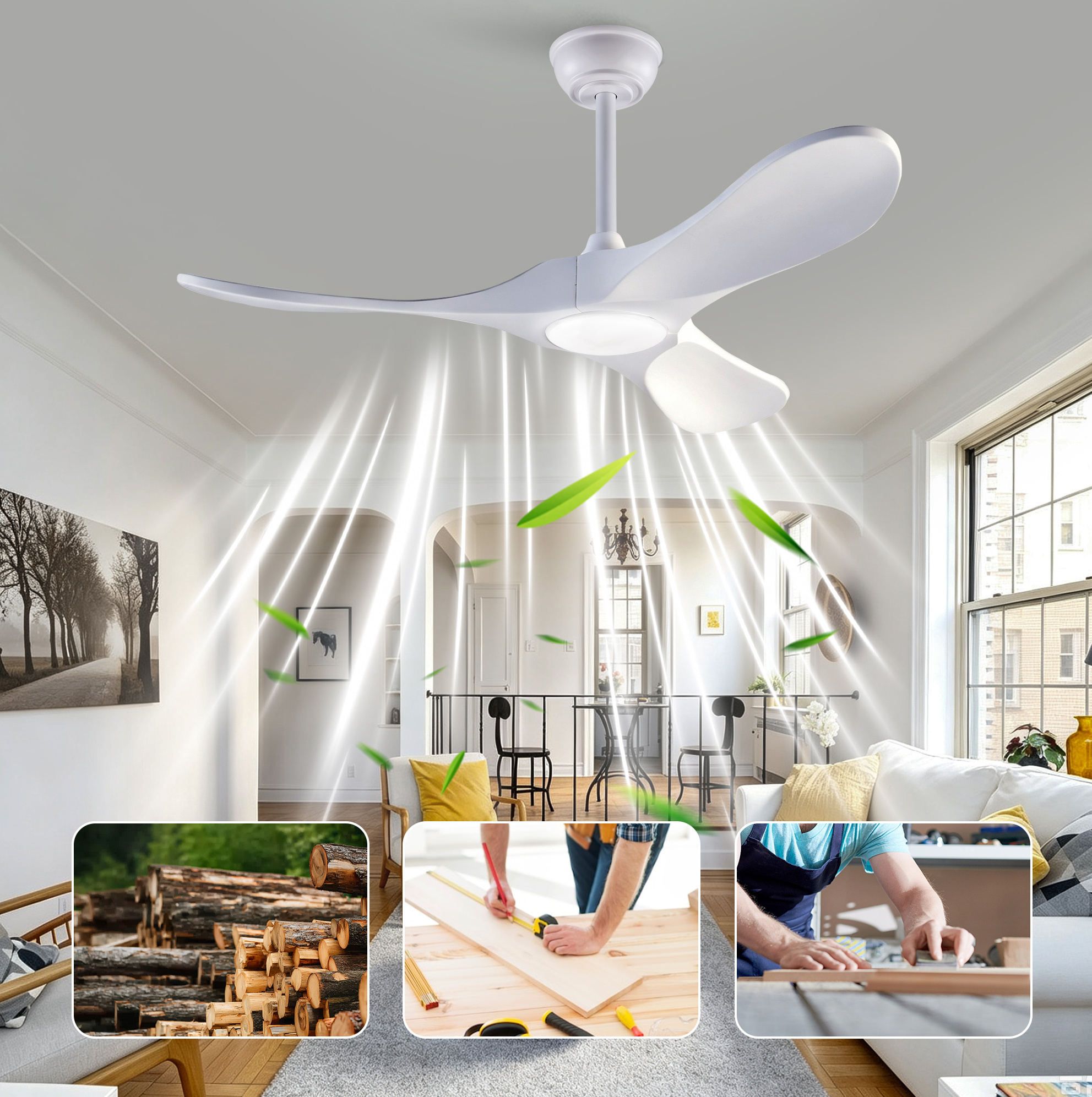 Redom Deckenventilator 93.0x19.0x19.5 Cm, Mit Led Und Fernbedienung, 6 Stufen, Massivholz, Weiß