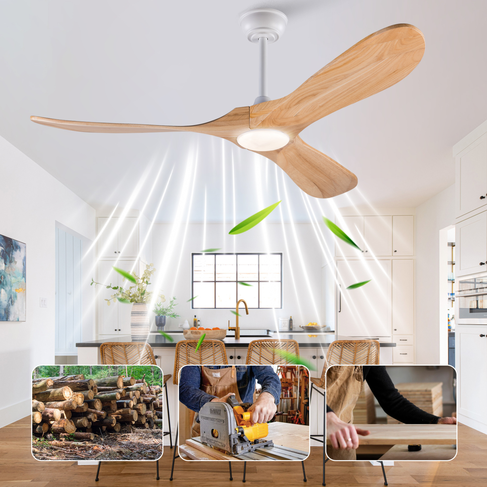 Redom Deckenventilator Mit Beleuchtung 106.0x19.0x19.5 Cm, Dimmbar, 6 Stufen, Massivholz, Natur Und Weiß