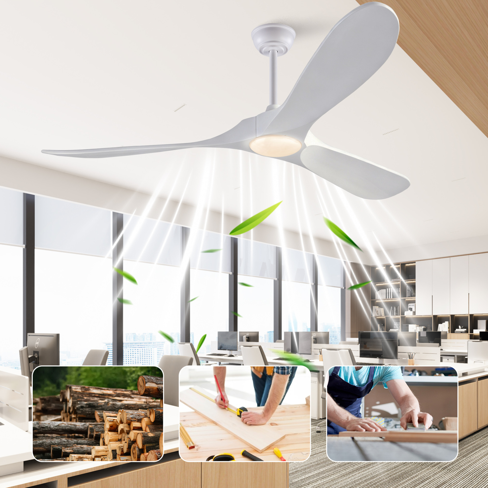 Redom Deckenventilator Mit Led, 60 Zoll, 6 Geschwindigkeiten, Reversibler Dc Motor, Massivholz, Weiß