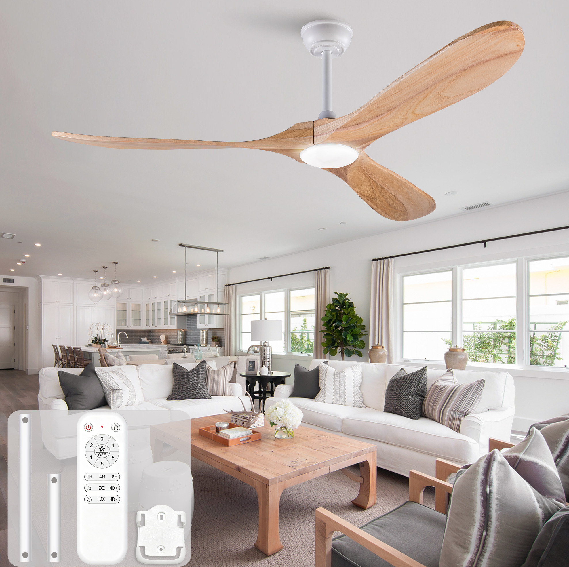 Redom Deckenventilator Mit Beleuchtung, 6 Windgeschwindigkeiten, Vorwärts Und Rückwärtslauf, Massivholz, Natur Und Weiß