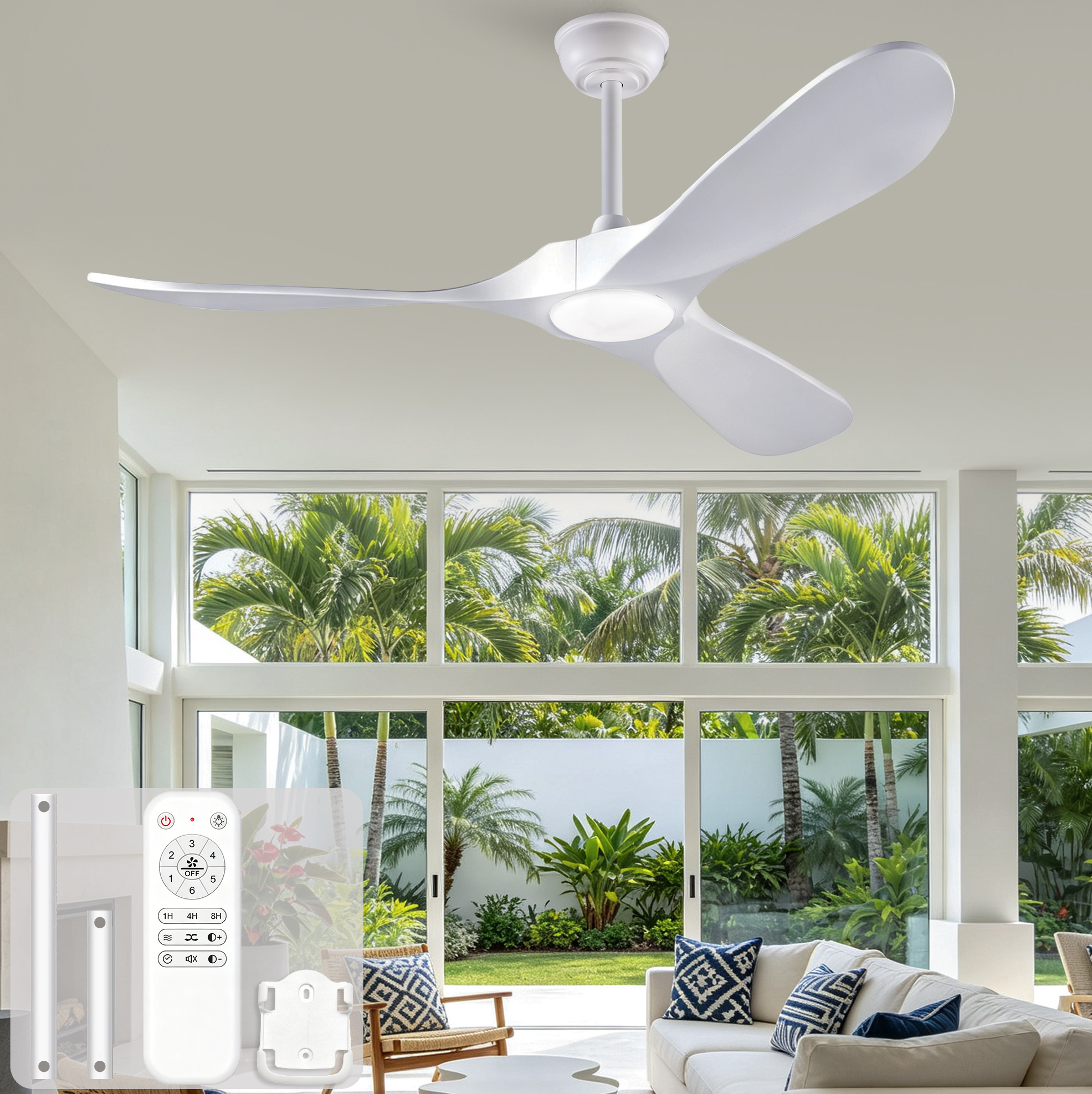Redom Deckenventilator, Led-beleuchtung Mit Fernbedienung, 6 Stufen, Reversibler Dc Motor, Massivholz, Weiß
