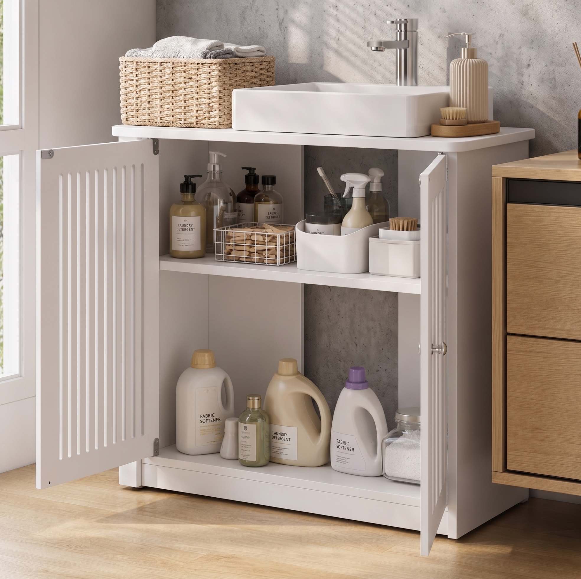 Waschtischunterschrank 70x35.3x14.5 Cm, Mit Doppeltür Und Lamellenfront, Verstellbarem Einlegeboden, Aus Spanplatte, Weiß