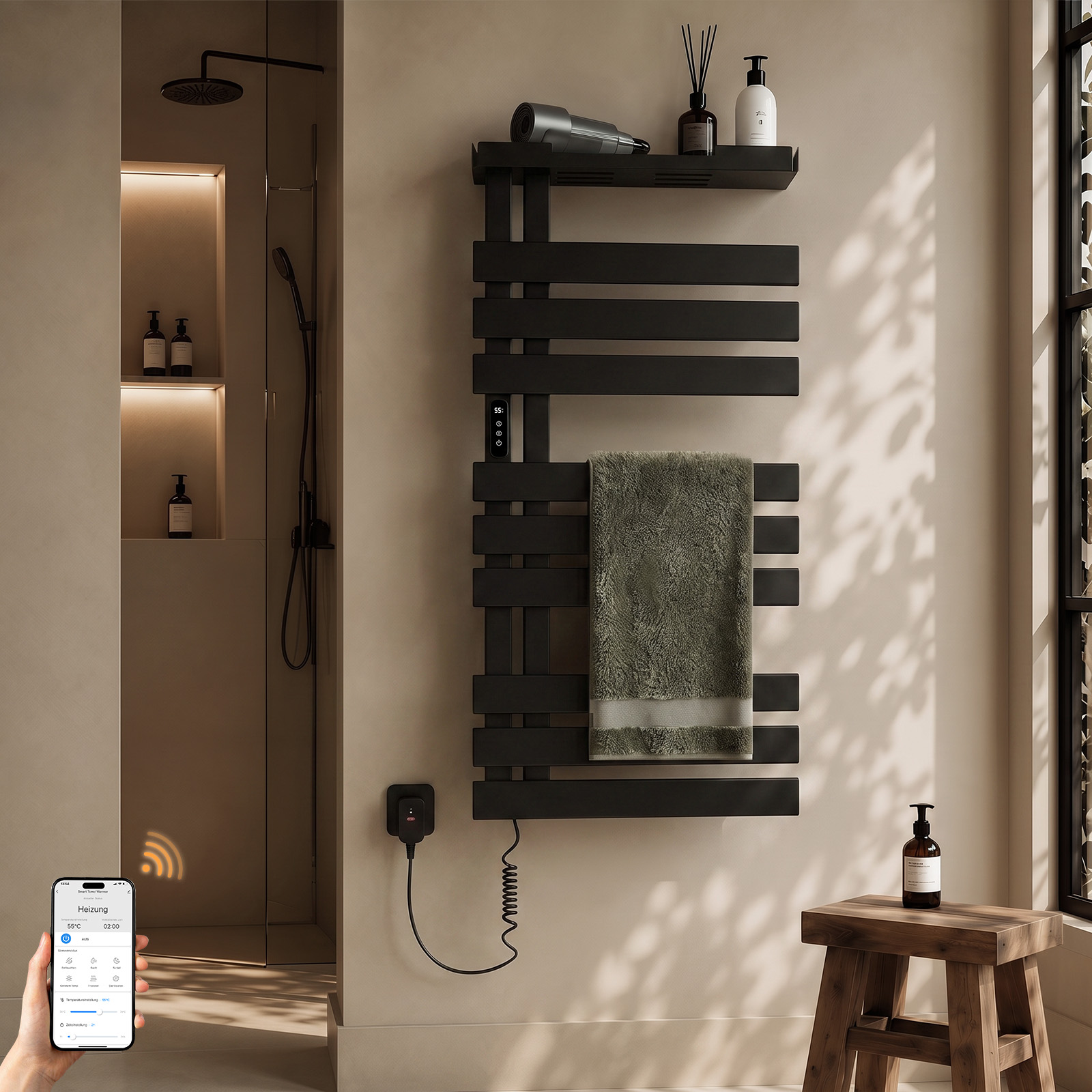 Elektrischer Handtuchheizkörper 1000 X 500 Mm 335 W, Wlan, Ip45, Thermostat, Ablage, Schwarz – S'Afielina