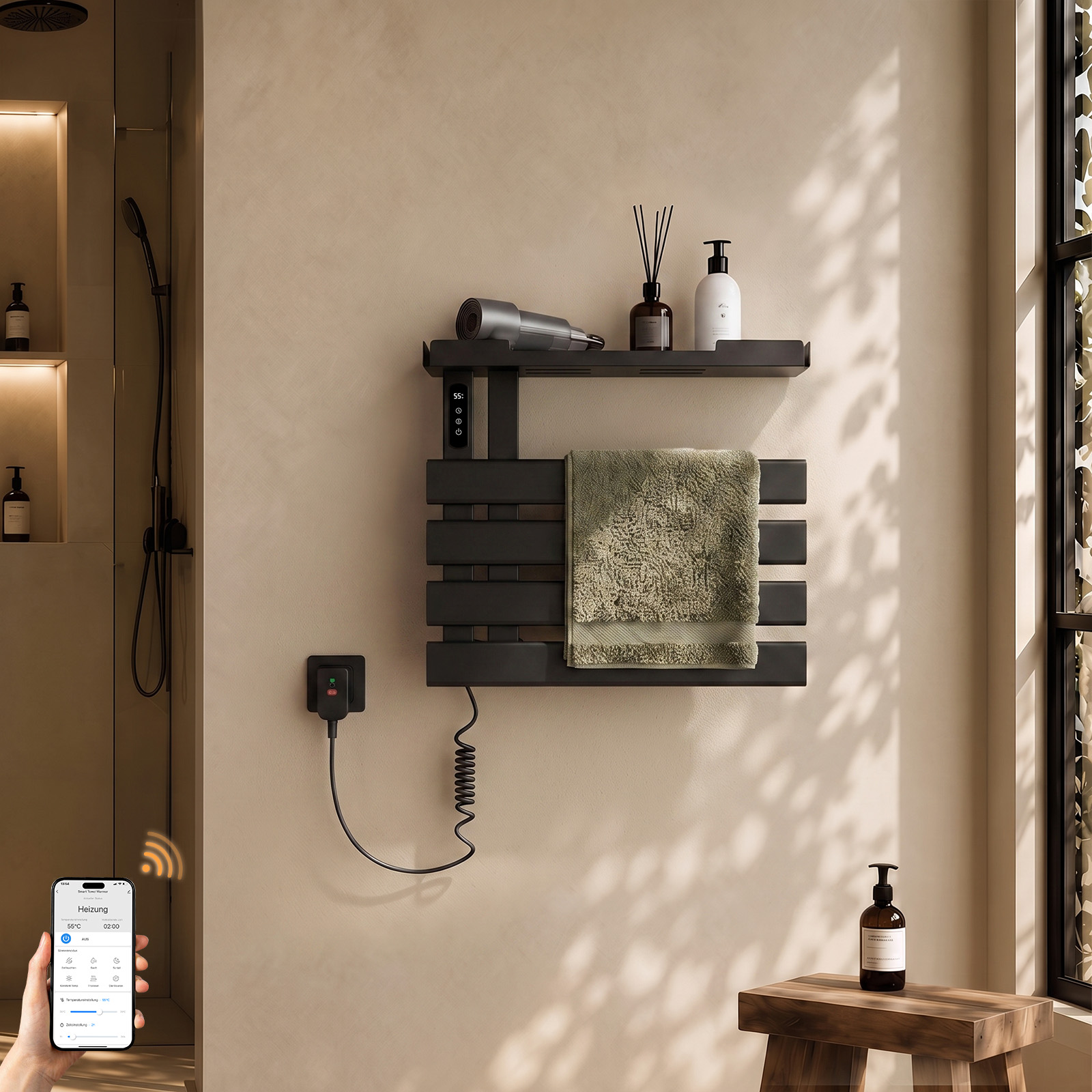 Elektrischer Handtuchheizkörper 450 X 500 Mm 148 W, Wlan, Ip45, Thermostat, Ablage, Schwarz – S'Afielina