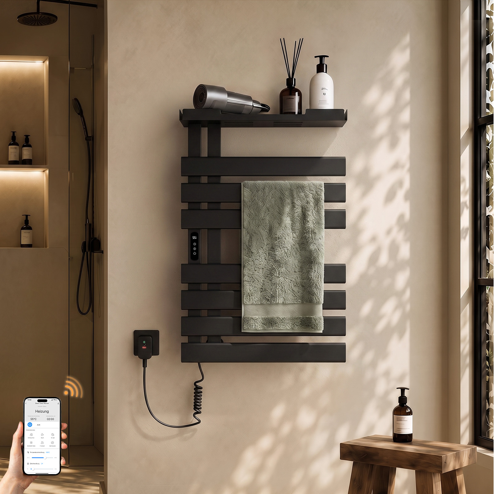 Elektrischer Handtuchheizkörper 760 X 500 Mm 253 W, Wlan, Ip45, Thermostat, Ablage, Schwarz – S'Afielina