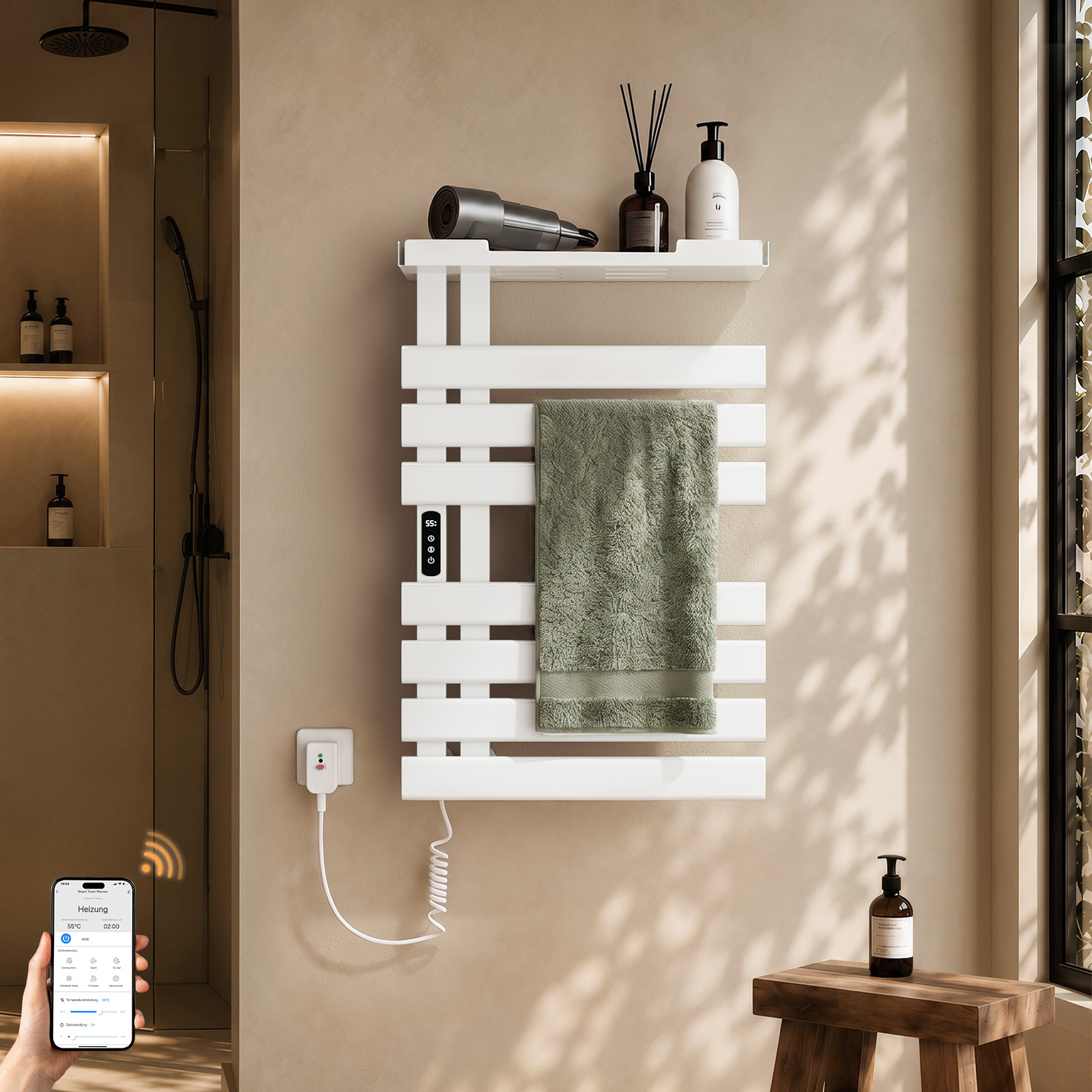 Elektrischer Handtuchheizkörper 760 X 500 Mm 253 W, Wlan, Ip45, Thermostat, Ablage, Weiß – S'Afielina