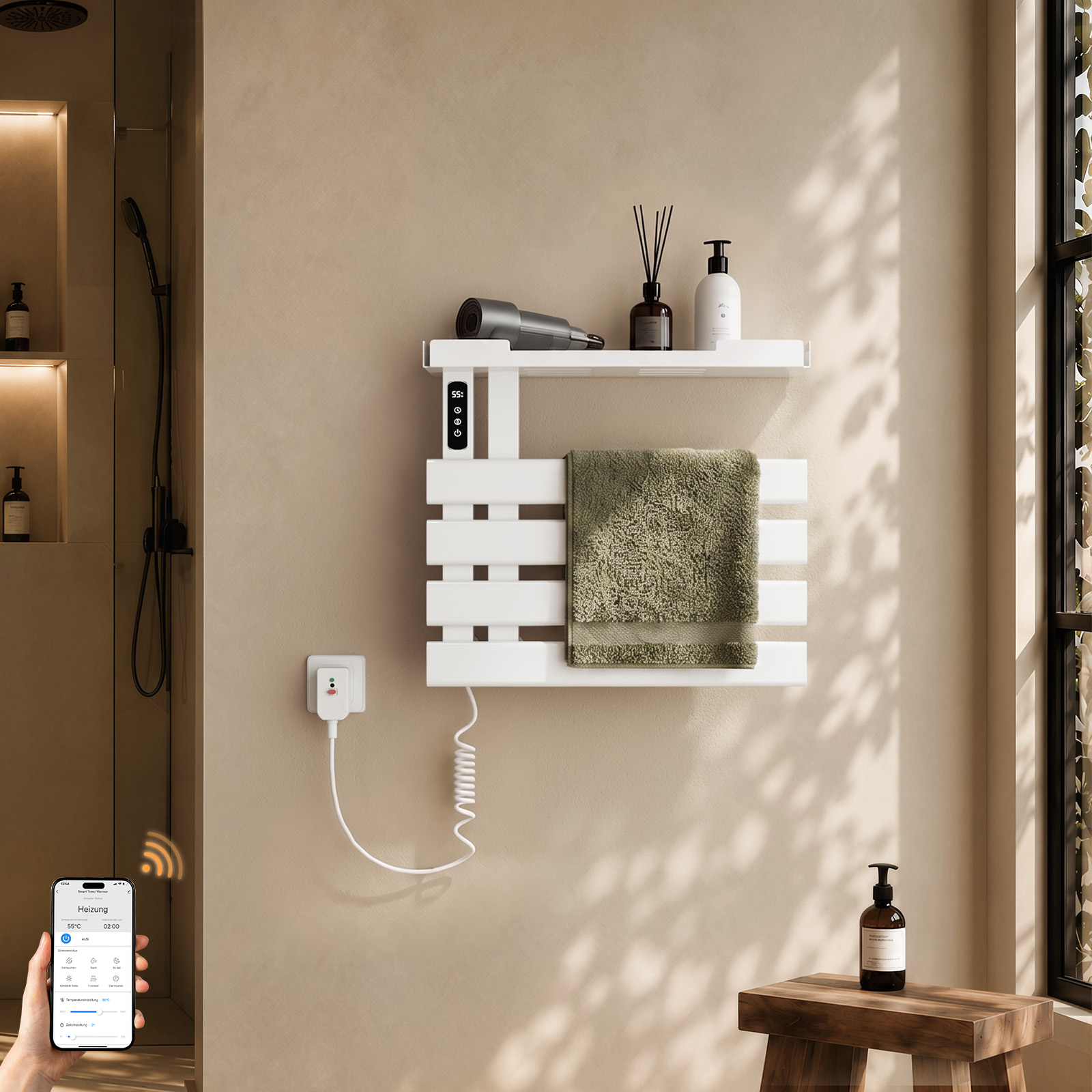 Elektrischer Handtuchheizkörper 450 X 500 Mm 148 W, Wlan, Ip45, Thermostat, Ablage, Weiß – S'Afielina