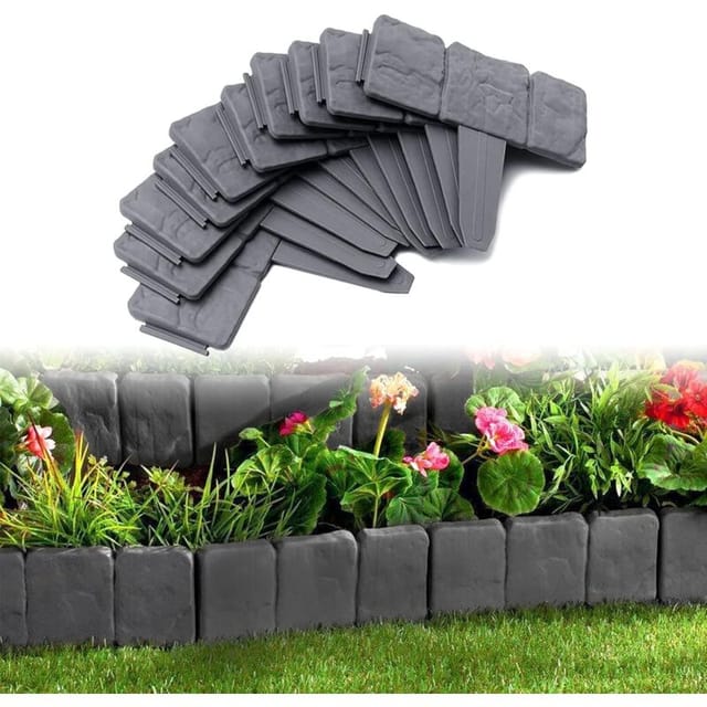 10 Stück Garteneinfassung 2,5 m, Rasenkante aus Kunststoff, Steinoptik, flexible Rasenkante für den Garten, 25 x 23 cm, Anthrazit