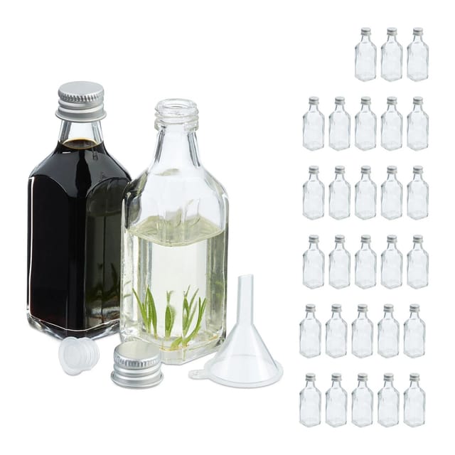 Relaxdays - kleine Flaschen, 30er Set, 50 ml, Glasflaschen zum Befüllen, Schraubverschluss & Korken, transparent/silber