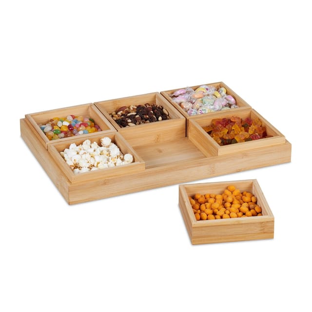 Relaxdays Snackschalen Set, mit Serviertablett, Bambus, 6 Schälchen, für Chips, Nüsse & Süßigkeiten, Servierset, natur