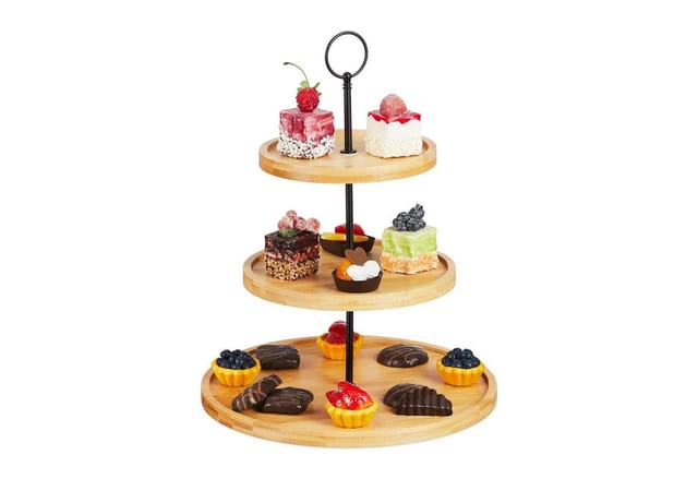 Relaxdays - Etagere, 3 Etagen, Bambus, Kuchen, Snacks, Obst, Metallgriff, Servierständer, HxD: 36 x 28 cm, natur/schwarz