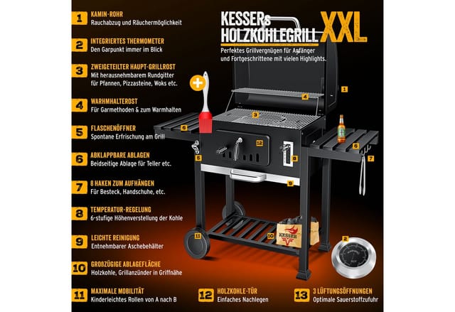 Grill Grillwagen bbq Smoker xxl Holzkohlegrill mit Deckel, Rädern, Edelstahl-Griff, Grillrost und Thermometer, 8 Spieße mit Tasche & Silikon-Pinsel,
