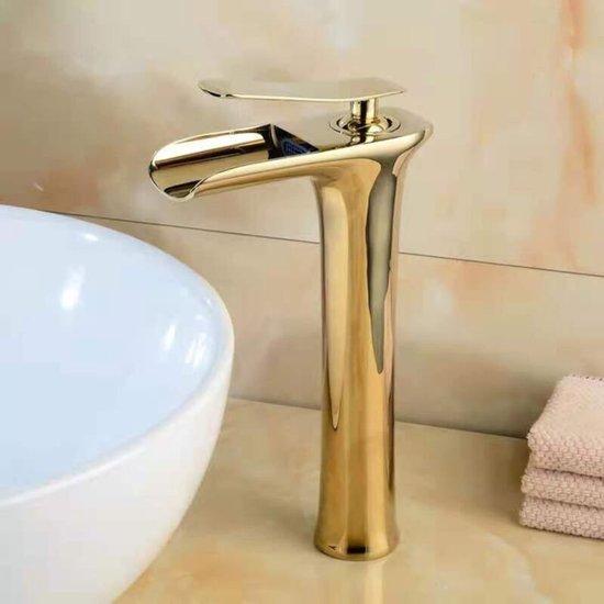 Gold-bronzefarbene Wasserfall-waschtischarmatur, Geeignet Für Warm- Und Kaltwasser, Wasserfallauslauf, Einhebelmischer, Einlochmontage, Hohe Ausführung.