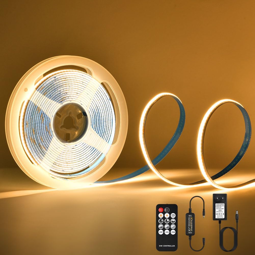 M Cob-led-streifen, 3000 K, 24 V, Warmweiß, Mit Fernbedienung/ip30 Wasserdicht/1600 Leds/8 Mm Breiter, Dimmbarer Led-streifen Fürs Schlafzimmer
