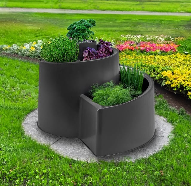 Kräuterspirale aus Kunststoff in anthrazit - 52 x 43 cm - Pflanzentreppe rund mit 6 Kammern - Garten Deko Blumenschnecke Kräuterturm Pflanzspirale