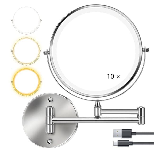 Wandmontierter Kosmetikspiegel Mit Beleuchtung - 8 Zoll, 3x/10x Vergrößerung, Dimmbar, 3 Lichteinstellungen, 360° Drehbarer Doppelseitiger Spiegel, Silber.