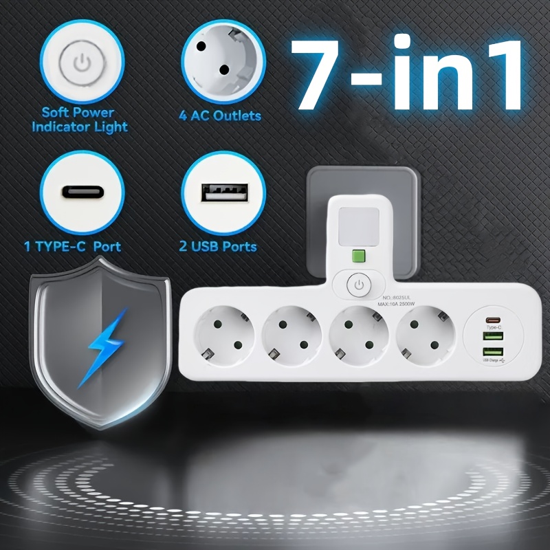 Europäischer Standardstecker, 4 Steckdosen, 2 Usb-anschlüsse (mit Typ-c-anschluss Und Nachtlicht), 110–240 V Spannung, Geeignet Für Zuhause, Büro, Reisen, Schlafzimmer, Küche, Wohnzimmer, Weiß – 25ul