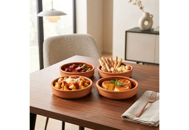 Spetebo - Tapas Schalen aus Ton 350 ml - 4er Set - Feuerfeste Auflaufform innen glasiert - Traditionelle Tonschale Dessert Dip Snack Schälchen