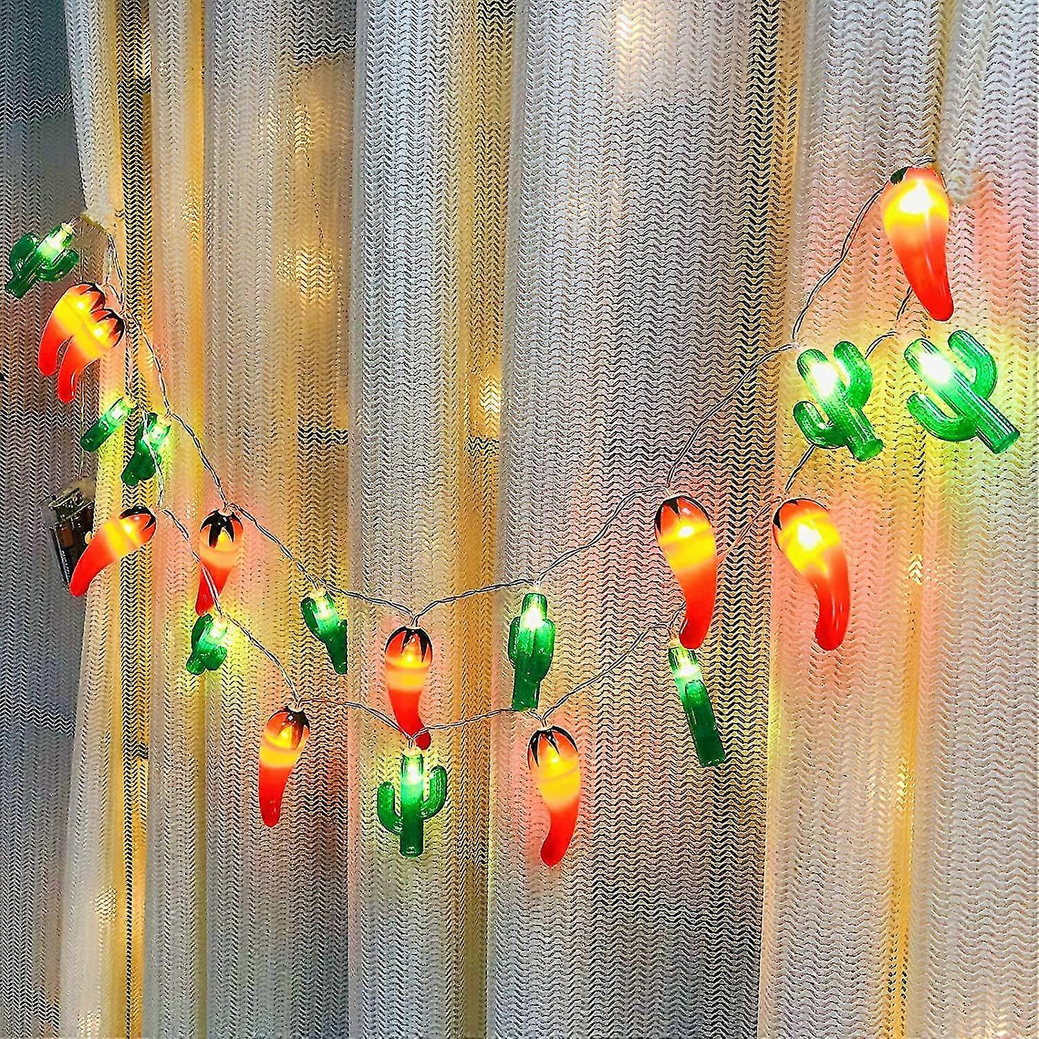 Lichterkette Mit Rotem Chili- Und Grünem Kaktusmotiv, Künstlicher Pfefferkaktus, 20 Leds, Batteriebetrieben