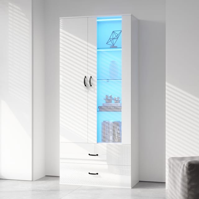 Okwish - 16 Farben LED-beleuchtete Vitrine, 2 Türen, 2 Schubladen mit Glastüren, Standvitrine Weiße LED-Vitrine Wohnzimmer Wohnzimmerwand LED-Vitrine