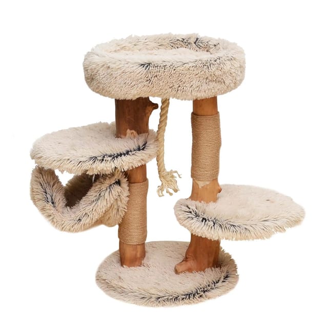 Fudajo - Kratzbaum mit Holz und Plüsch 87,5 cm hoch, Designer Katzenkratzbaum mit Birnbaumholz, Katzenbaum mit Hängematte, Katzenmöbel mit Liege