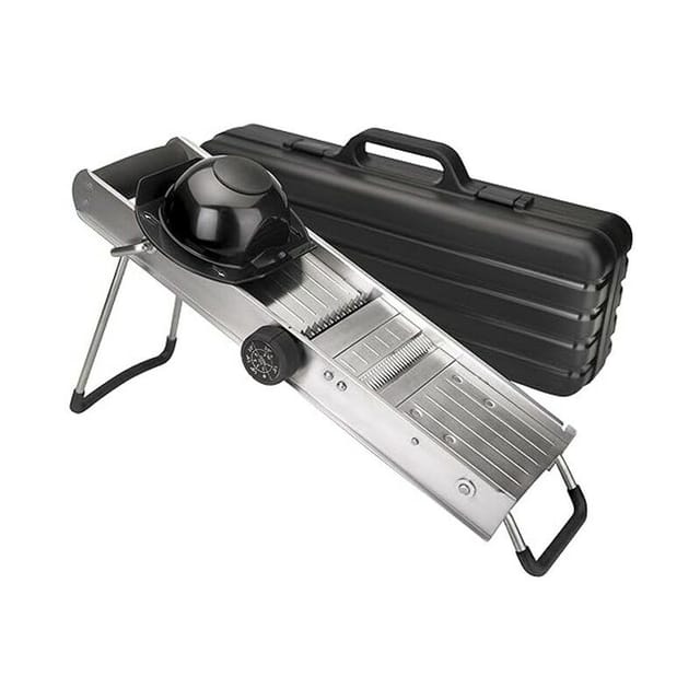 Mandoline, mit Schutz und rotierenden Klingen aus Edelstahl, rutschfesten Füßen und Griff, 12,5 x 50 cm, Edelstahl