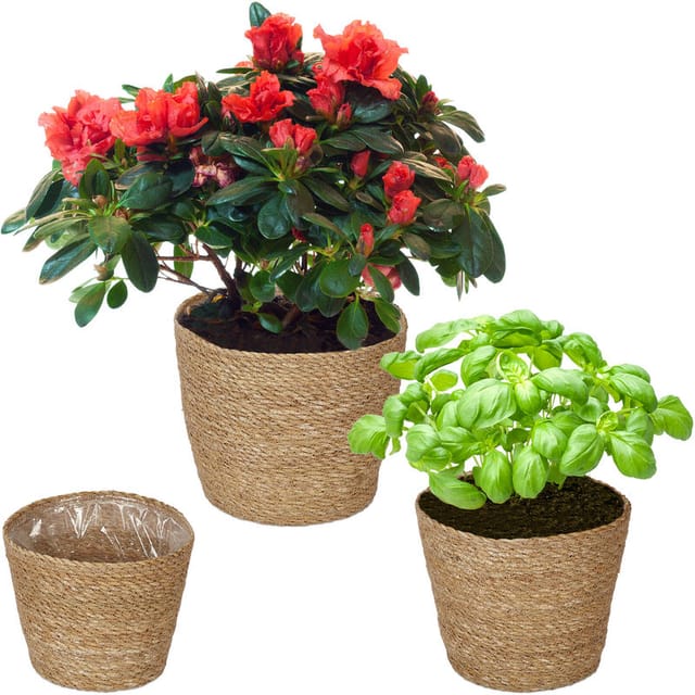 Relaxdays - Blumentopf Seegras, 3er Set, rund, für Blumen & Kräuter, Pflanzenkorb mit Folie, 3 Größen, Pflanzkübel, natur