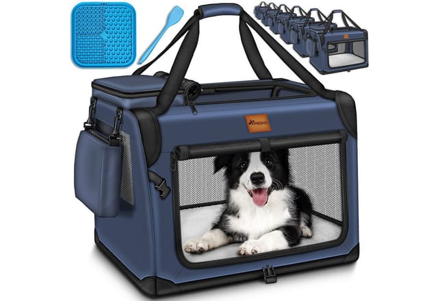 Hundebox faltbar Navyblau (m 61x42x42cm) inkl. Leckmatte, Spatel & Reflektoren Transportbox für Hunde und Katzen Hundetransportbox für kleine & große