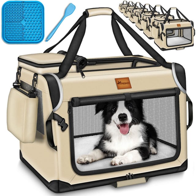 Hundebox faltbar Beige (xl 83x58x58cm) inkl. Leckmatte, Spatel & Reflektoren Transportbox für Hunde und Katzen Hundetransportbox für kleine & große