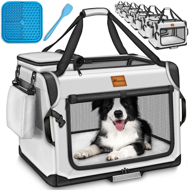 Hundebox faltbar Grau (xl 83x58x58cm) inkl. Leckmatte, Spatel & Reflektoren Transportbox für Hunde und Katzen Hundetransportbox für kleine & große