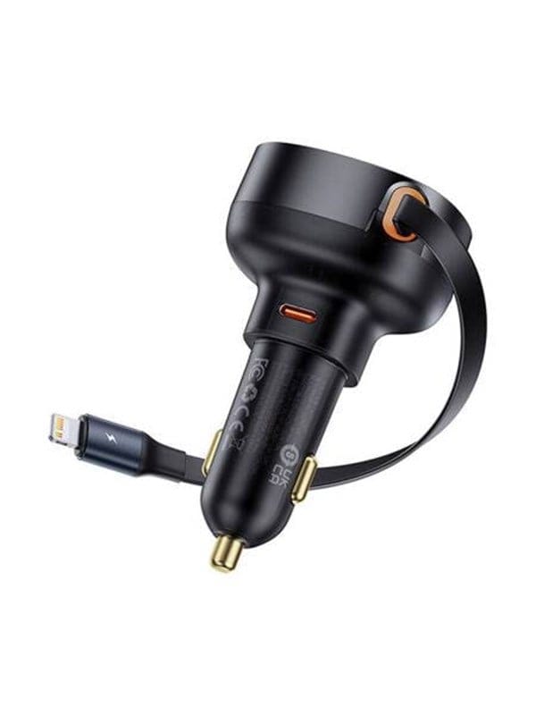 Autoladegerät mit einziehbarem Kabel für iPhone Lightning USB-C 60W schwarz