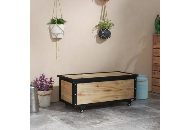 Outsunny Gartenbox Holz Auflagenbox 121L Aufbewahrungsbox mit Rollen, Wetterbeständige Aufbewahrungskiste für Balkon, Terrasse, Natur